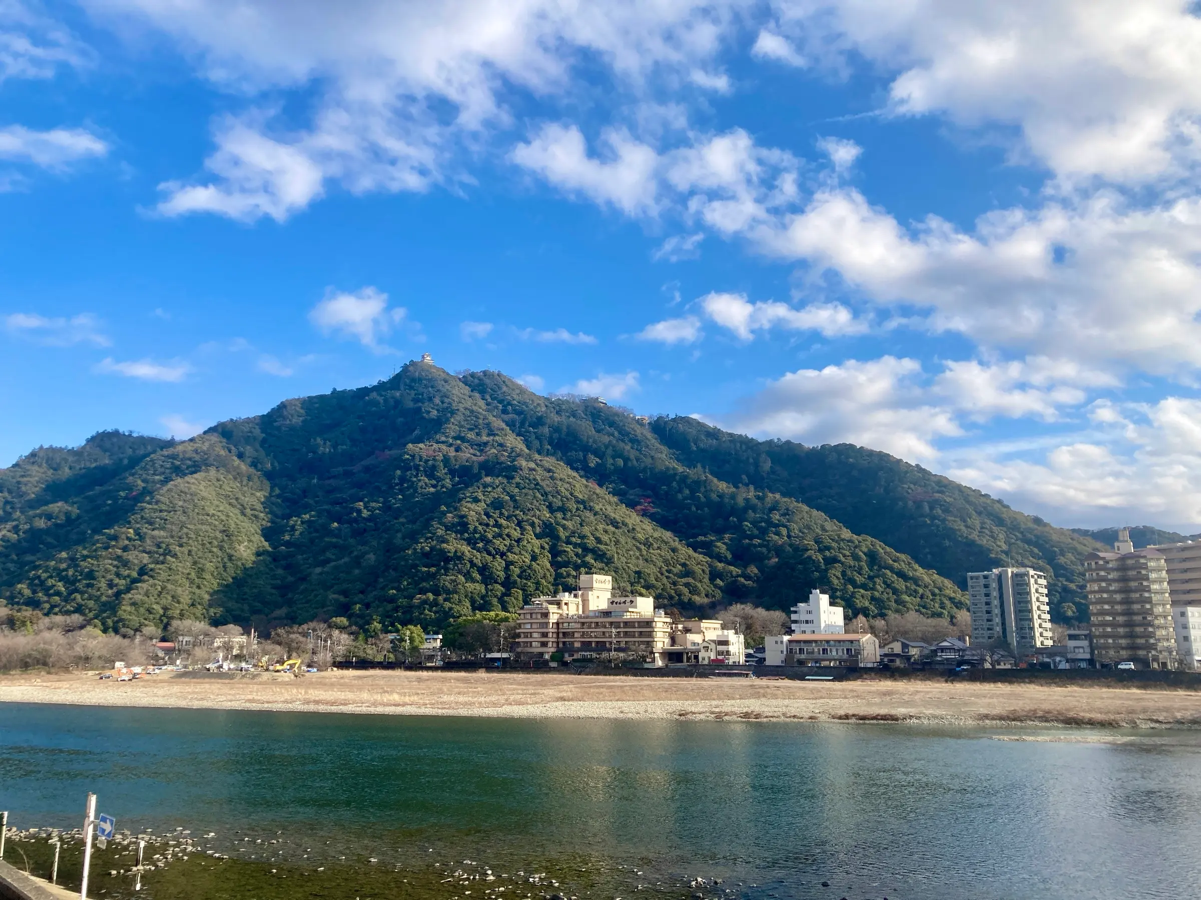 長良川の向こうに、頂上に岐阜城が見える金華山
